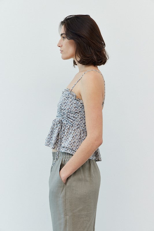 The Peyton Marina Blue Floral Print Ruched Tank Top