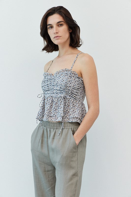 The Peyton Marina Blue Floral Print Ruched Tank Top