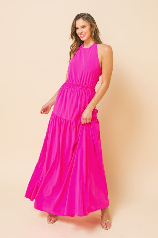 The Paulina Neon Pink Halter Top Maxi Dress