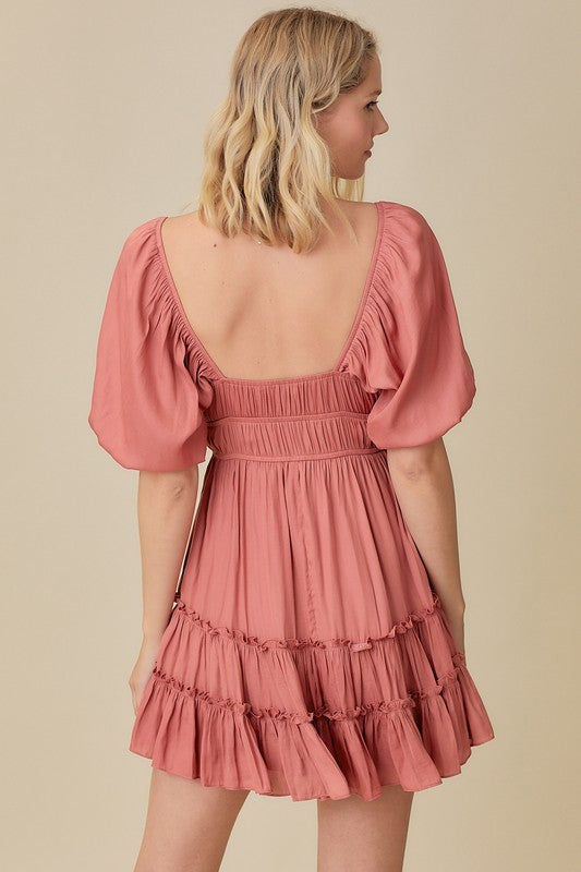 The Falling For You Puff Sleeve Tiered Mini Dress