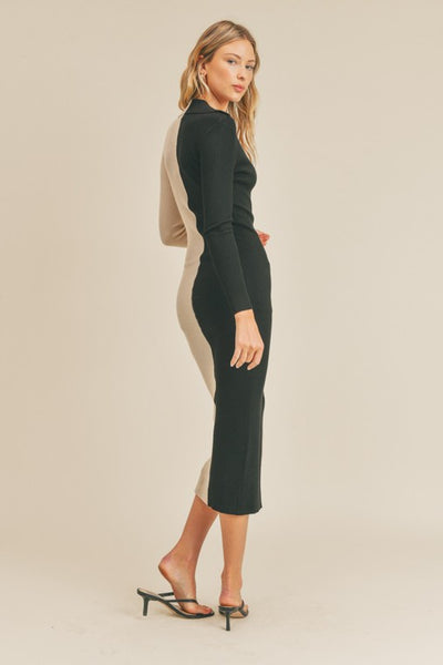 The Split Personalities Taupe & Black Bodycon Midi Dress