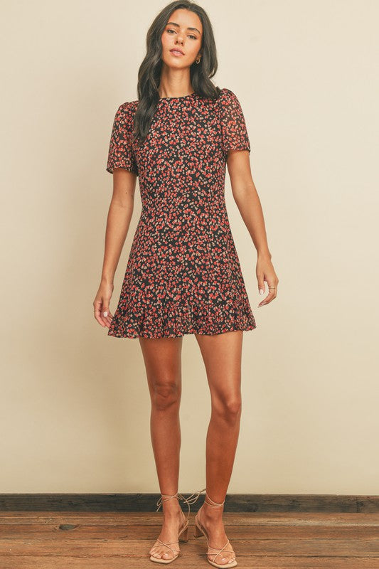 The Berry Blossom Red & Black Floral Print Mini Dress
