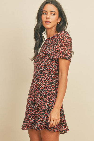 The Berry Blossom Red & Black Floral Print Mini Dress