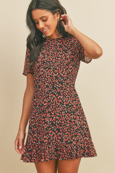 The Berry Blossom Red & Black Floral Print Mini Dress
