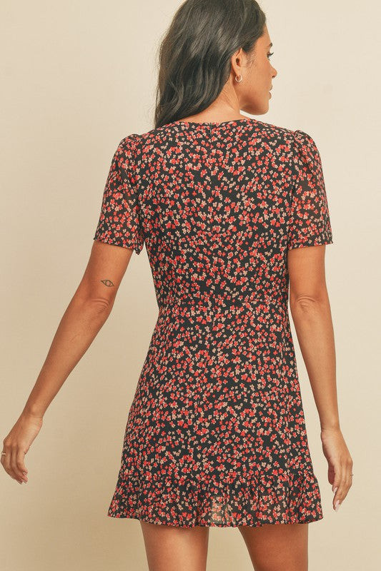 The Berry Blossom Red & Black Floral Print Mini Dress