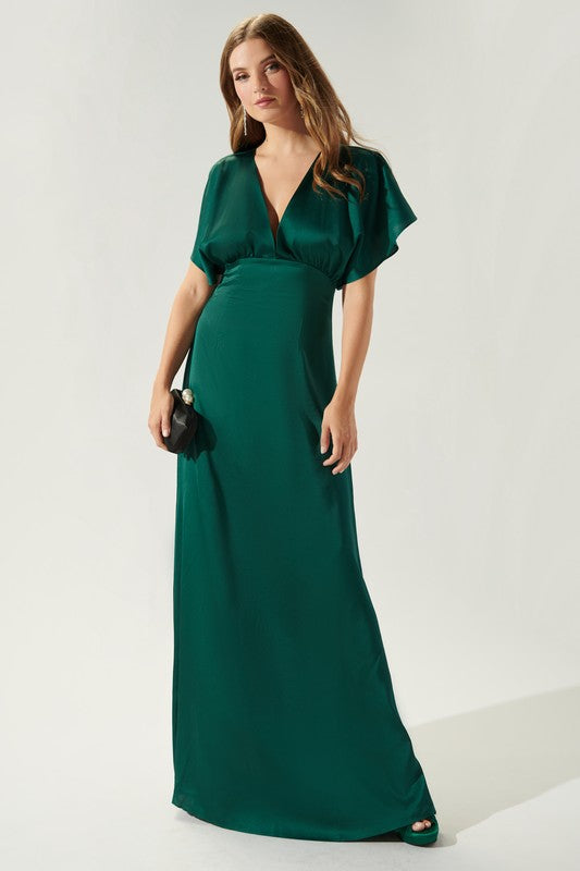 The Darling Emerald Flutter Sleeve Cut Out Satin Maxi Dress