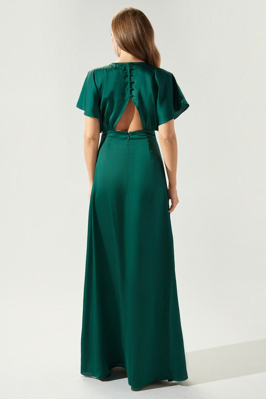 The Darling Emerald Flutter Sleeve Cut Out Satin Maxi Dress