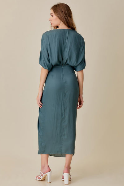The Forest Hill Balsam Green Waist-Tie Satin Midi Dress