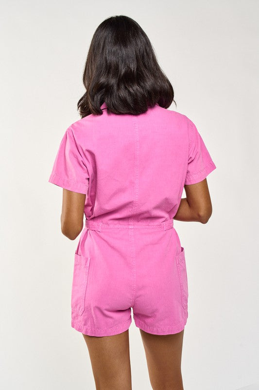 The Asher Pink Short Sleeve Button Up Romper