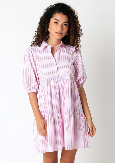 The Freya Pink Striped Bubble Sleeve Mini Dress