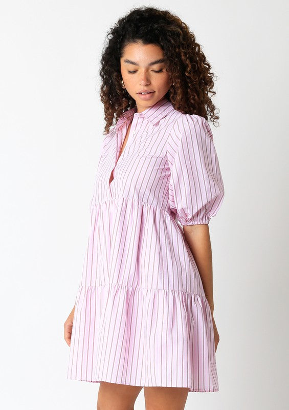 The Freya Pink Striped Bubble Sleeve Mini Dress