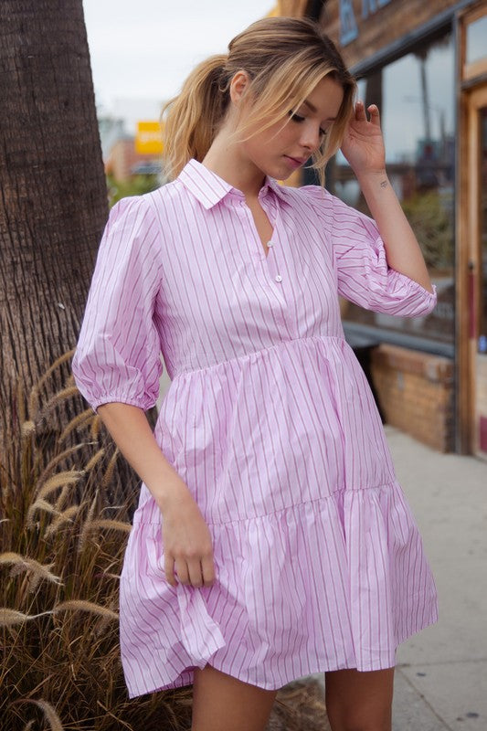 The Freya Pink Striped Bubble Sleeve Mini Dress