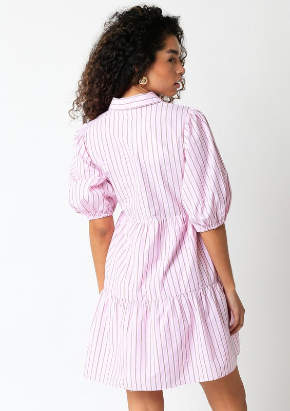 The Freya Pink Striped Bubble Sleeve Mini Dress