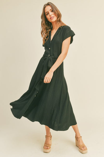 The Catch A Glance Black Button Down Midi Dress