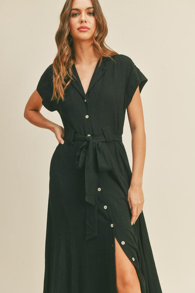 The Catch A Glance Black Button Down Midi Dress