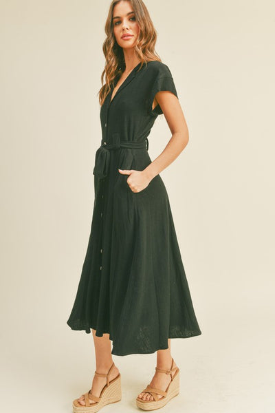 The Catch A Glance Black Button Down Midi Dress