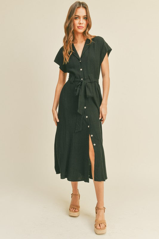 The Catch A Glance Black Button Down Midi Dress