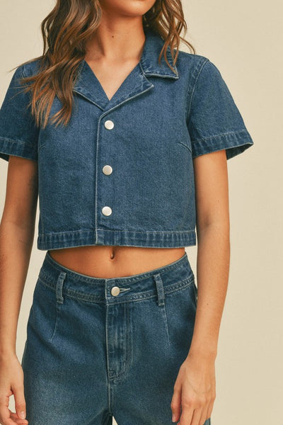 The Nadia Denim Cropped Button Front Top