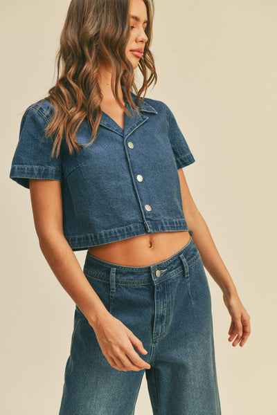 The Nadia Denim Cropped Button Front Top