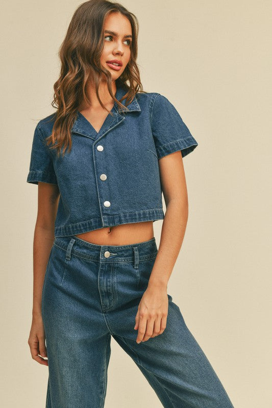 The Nadia Denim Cropped Button Front Top