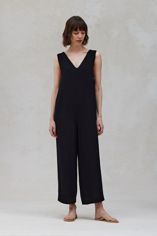 The Visalia Black Double Strap Linen Jumpsuit