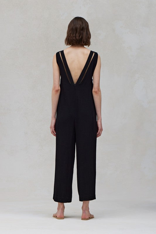 The Visalia Black Double Strap Linen Jumpsuit