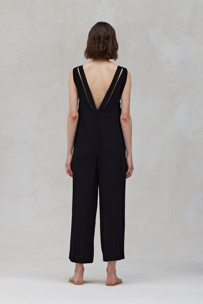 The Visalia Black Double Strap Linen Jumpsuit