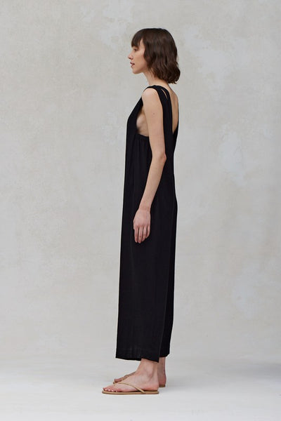 The Visalia Black Double Strap Linen Jumpsuit