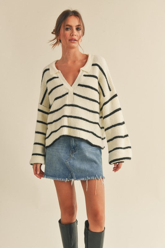 The Keep Your Cool Ivory Striped Collared Sweater