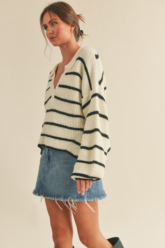 The Keep Your Cool Ivory Striped Collared Sweater