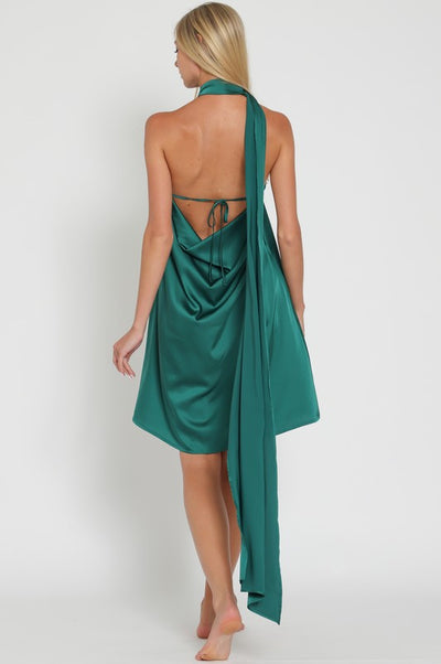 The Air Kiss Green Mock Neck Satin Mini Dress