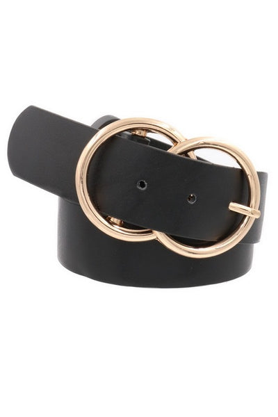 Double Gold Metal Ring Faux Leather 1.5" Belt