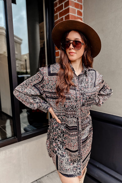 The Midnight In Bali Black Satin Shirt Dress