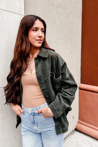 The Kicking Leaves Olive Corduroy Shacket