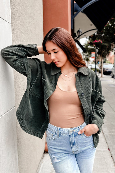 The Kicking Leaves Olive Corduroy Shacket