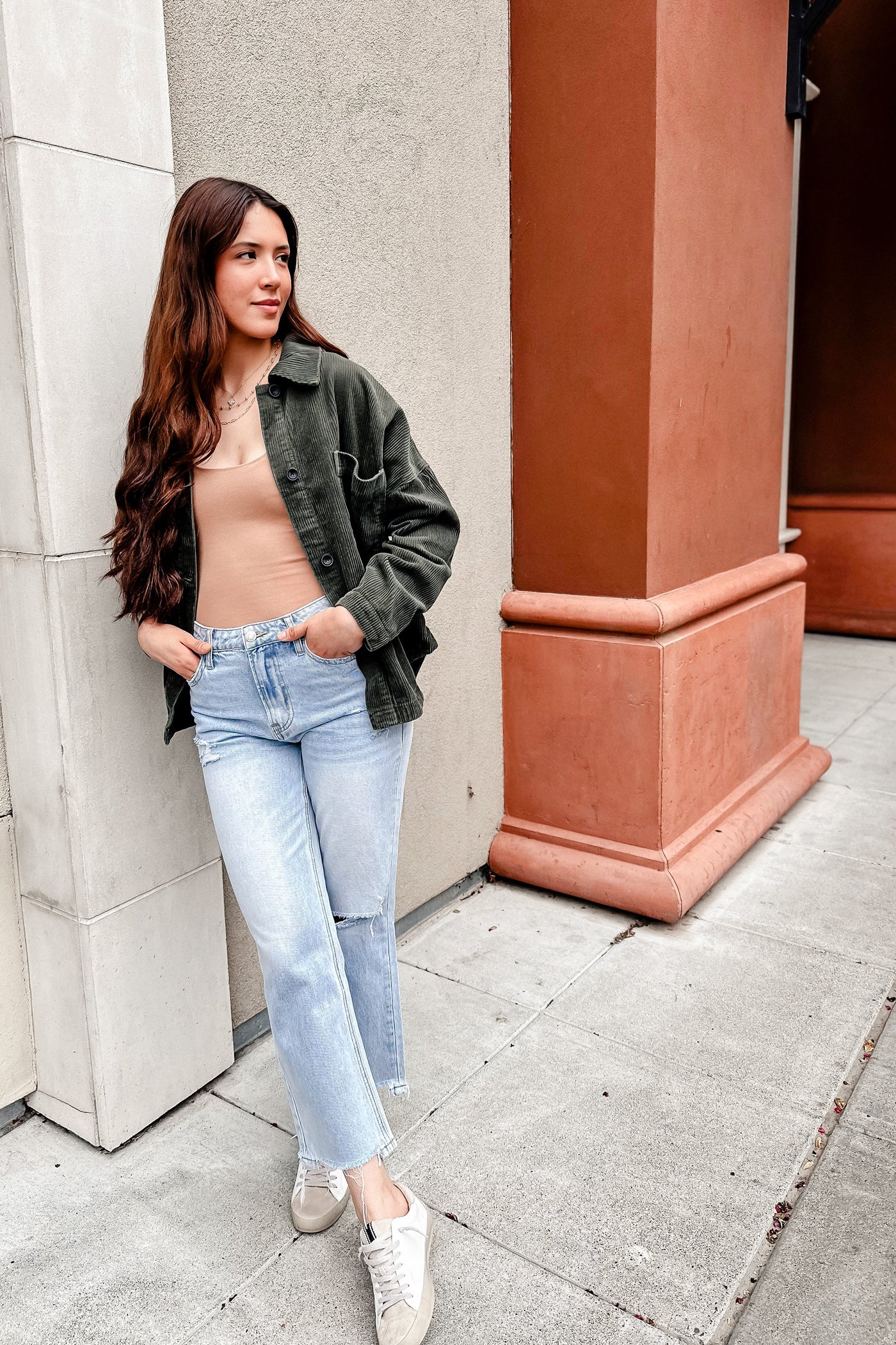 The Kicking Leaves Olive Corduroy Shacket