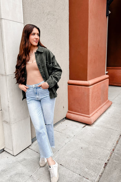 The Kicking Leaves Olive Corduroy Shacket