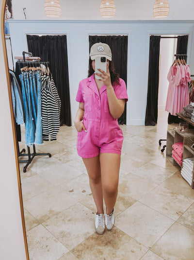 The Asher Pink Short Sleeve Button Up Romper