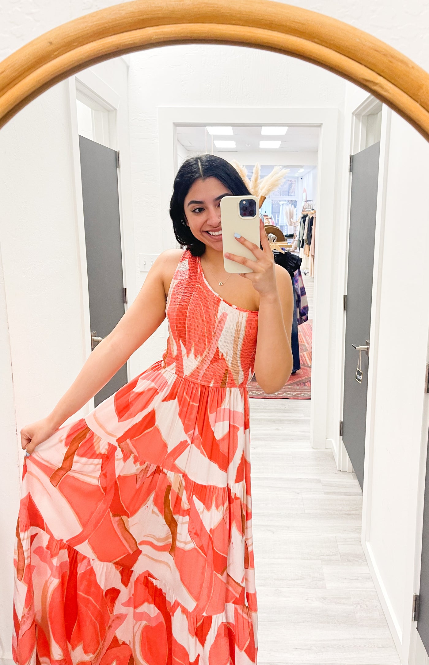The Sandy Beaches Coral Print One Shoulder Maxi Dresses