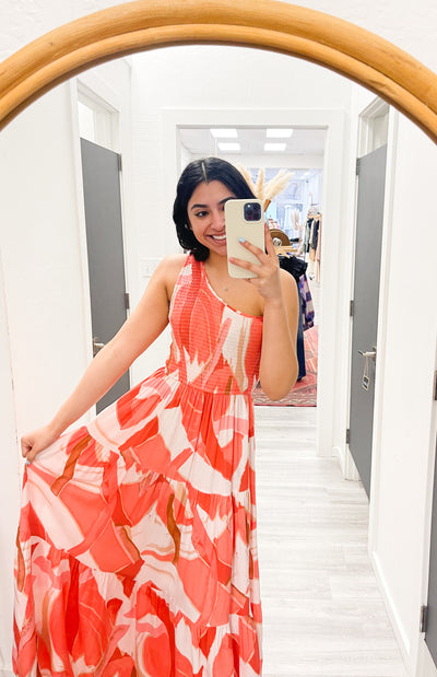 The Sandy Beaches Coral Print One Shoulder Maxi Dresses