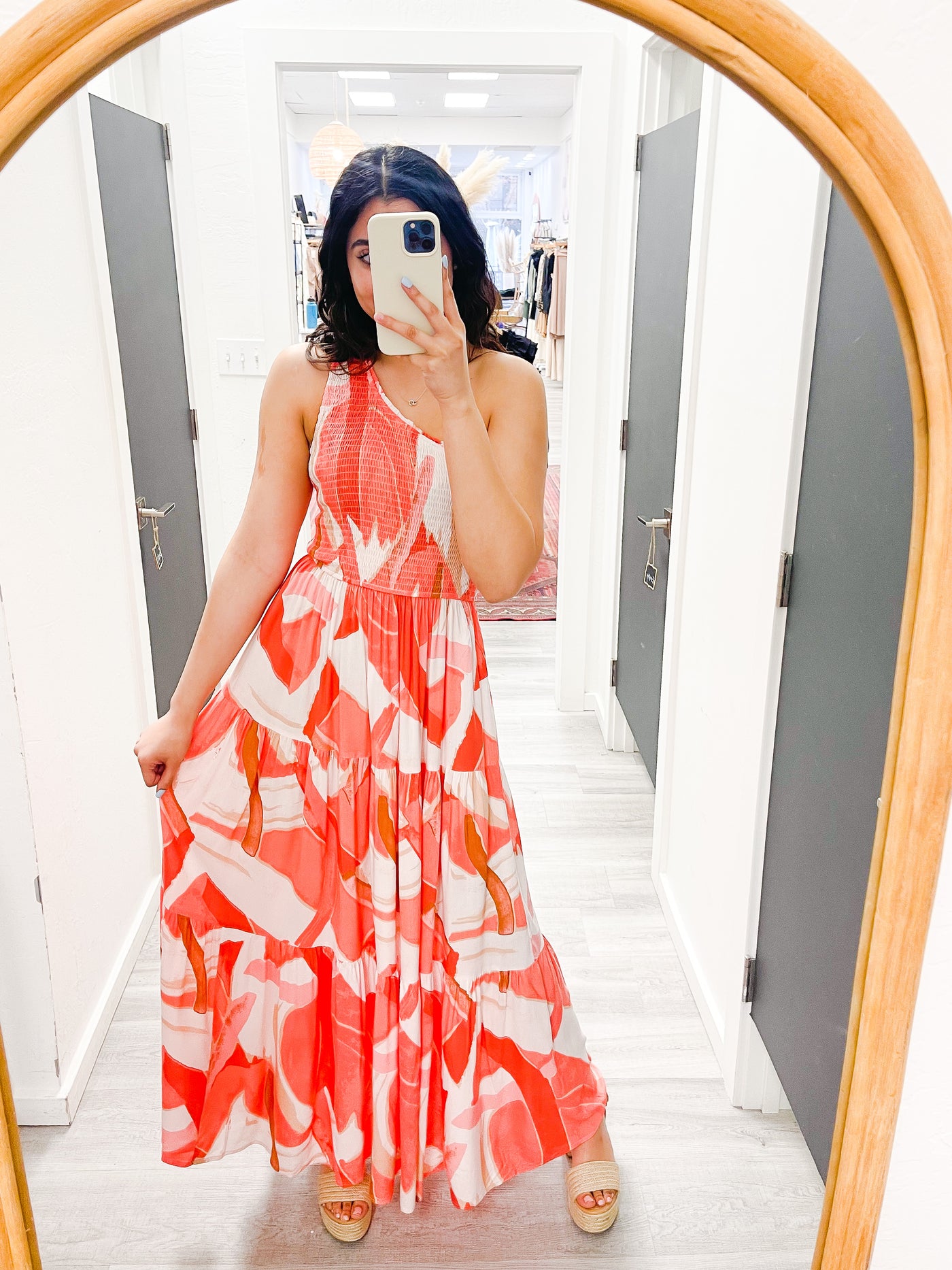 The Sandy Beaches Coral Print One Shoulder Maxi Dresses