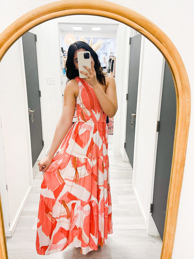 The Sandy Beaches Coral Print One Shoulder Maxi Dresses