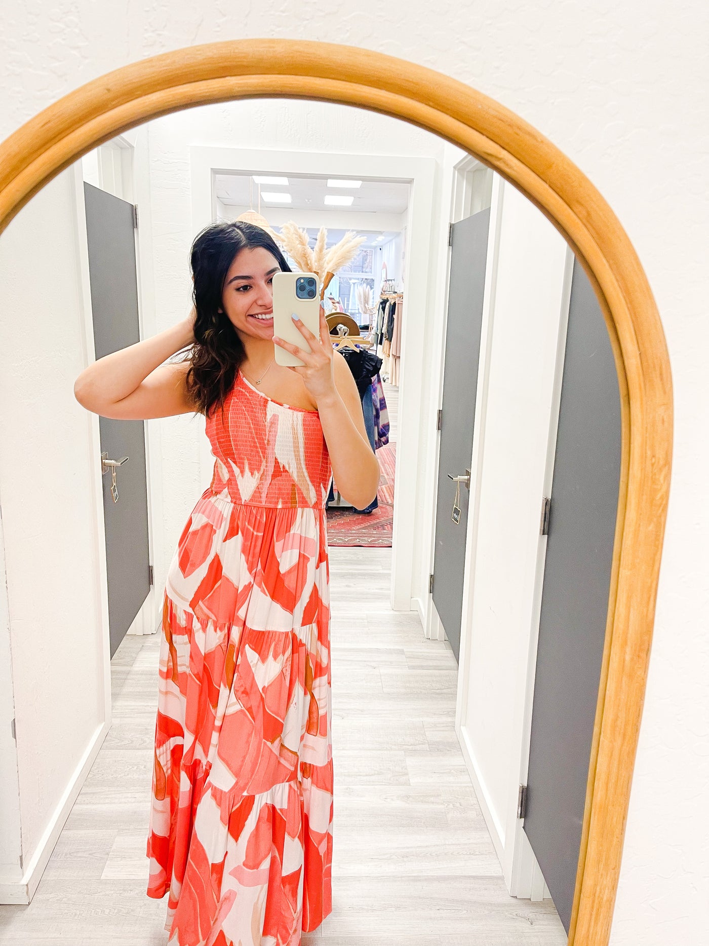 The Sandy Beaches Coral Print One Shoulder Maxi Dresses