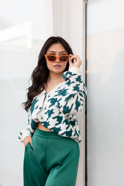 The Harrenhall Teal Houndstooth Check Button Up Cardigan