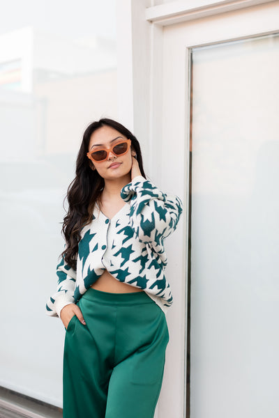 The Harrenhall Teal Houndstooth Check Button Up Cardigan