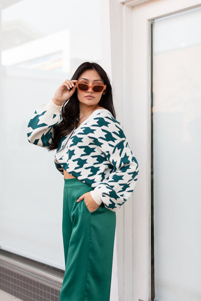 The Harrenhall Teal Houndstooth Check Button Up Cardigan