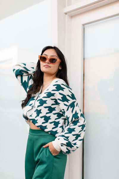 The Harrenhall Teal Houndstooth Check Button Up Cardigan