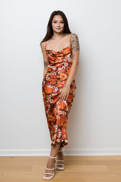 The Groovy Baby Rust Floral Satin Maxi Dress