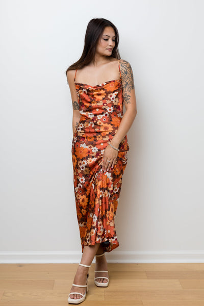 The Groovy Baby Rust Floral Satin Maxi Dress