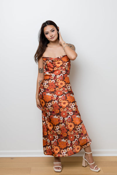 The Groovy Baby Rust Floral Satin Maxi Dress